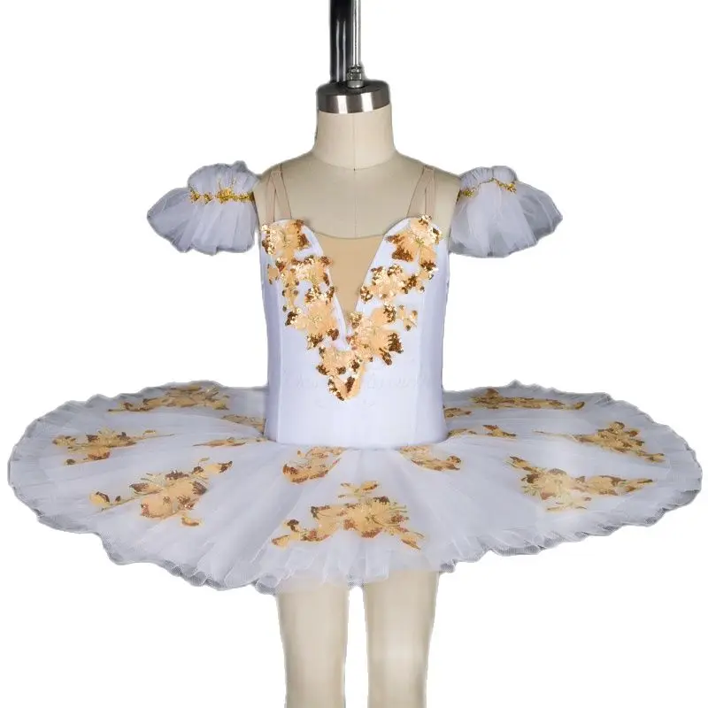 

BLL034 White Spandex Bodice with Gold Sequin Applique Pre-professional Ballet Tutu Girl & Women Ballerina Dance Costumes