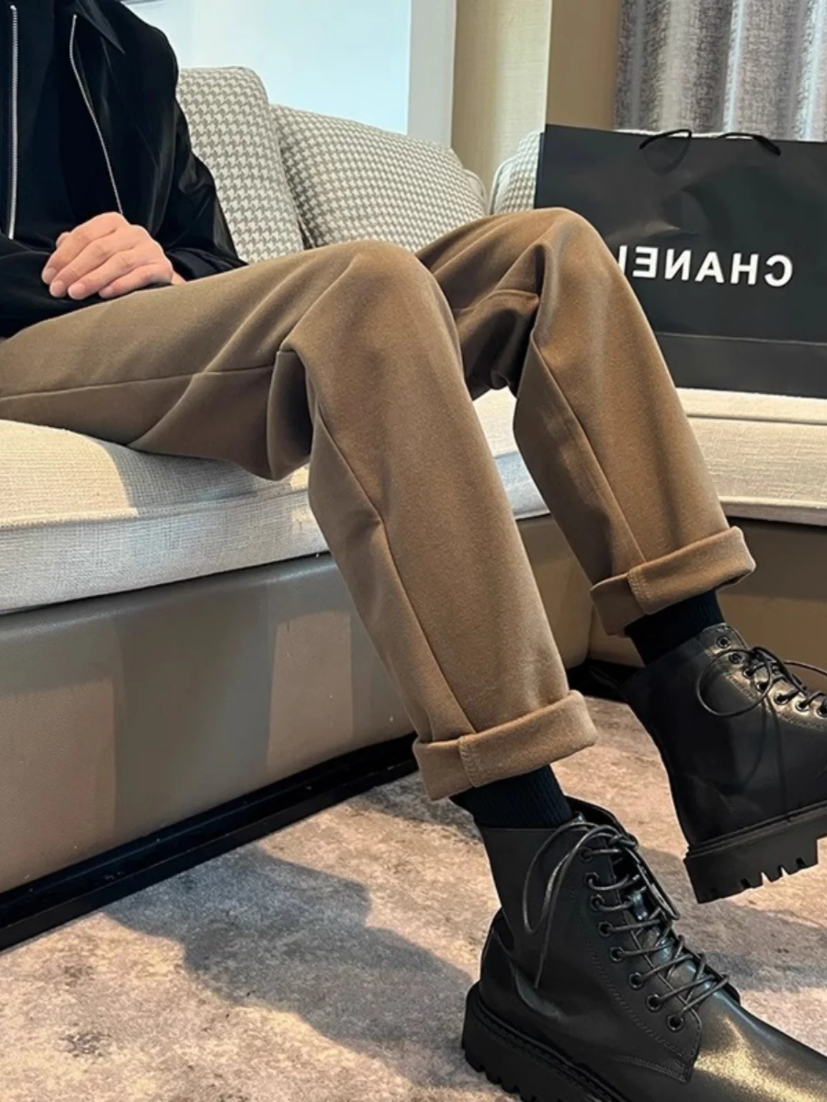 

Брюки-чинос мужские из шерсти цвета хаки, приталенные, осенне-зимние, новые, повседневные, прямые, джинсовые