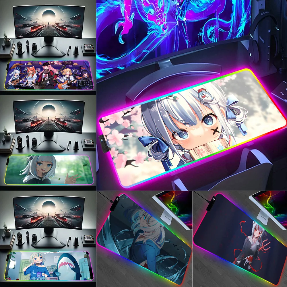 Hololive YouTuber Gawr Gura RGB Pc Gamer Keyboard Mouse Pad Mousepad LED Glowing Mouse Mats Rubber Gaming Computer Mausepad