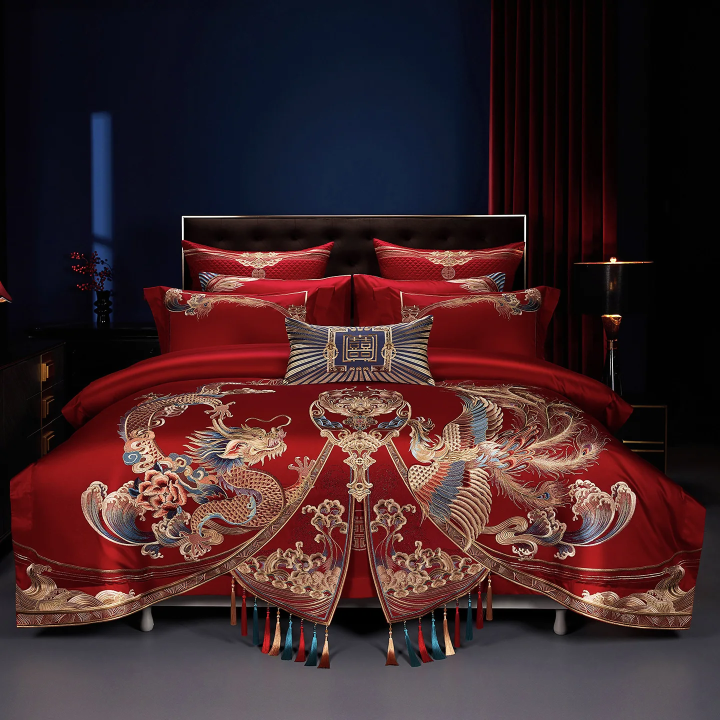 Wedding four-piece set of long-staple cotton bright red embroidery dragon and phoenix new wedding room happy quilt cotton ten
