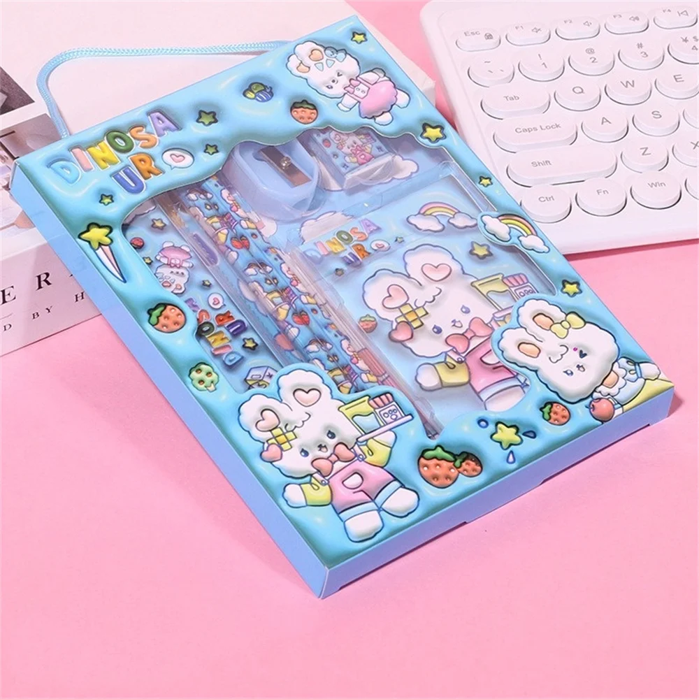 6Pcs Cartoon Stationery Set Cute Pencil Sharpener Eraser Ruler Notebook Set Gift For Kids Kawaii School Office Writing Supplies
