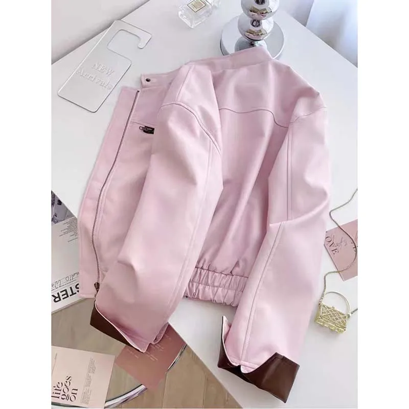 2026 New Retro PU Leather Jacket Women Spring Autumn Stand-up Resemble Leather Short Coat Female Overwear Motorcycle Ladies Tops