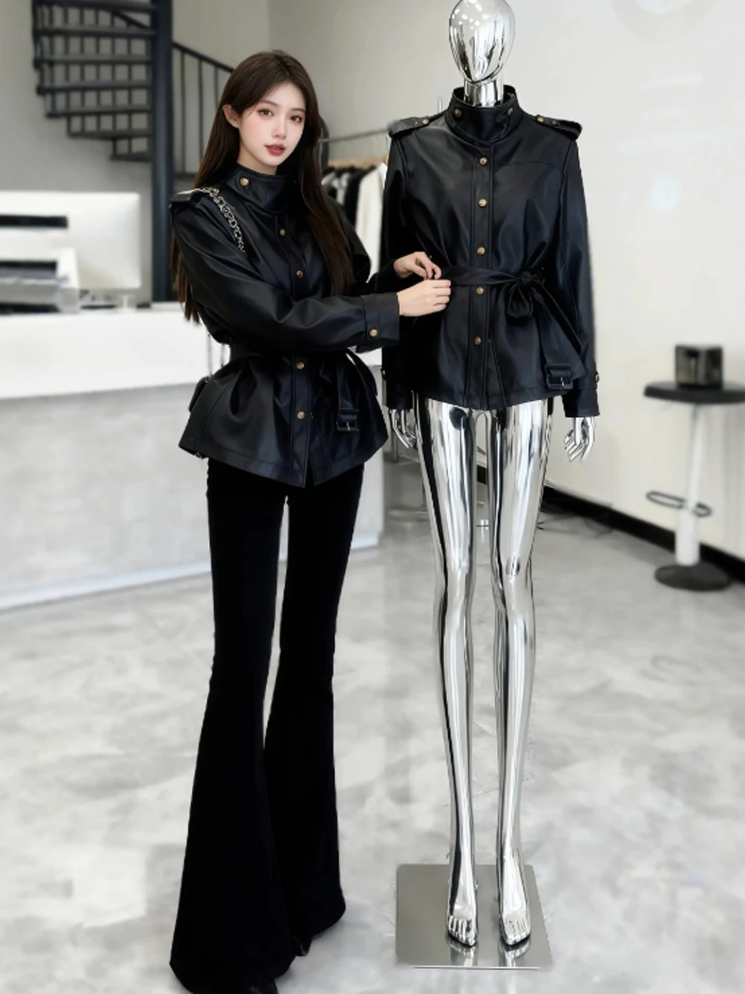 

Hebden Sle Faionable Bla PU Leather Jaet Waist-Cinching Vintage Artistic Ele Outerwear Spring 2025 Women's Coat