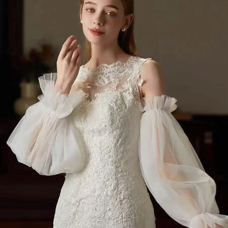 Fashion Sheer Mesh Bridal Puff Sleeves Detachable Tulle Lantern Arm Cuffs Romantic Wedding Dress Accessories Soft Gauze Sleeves