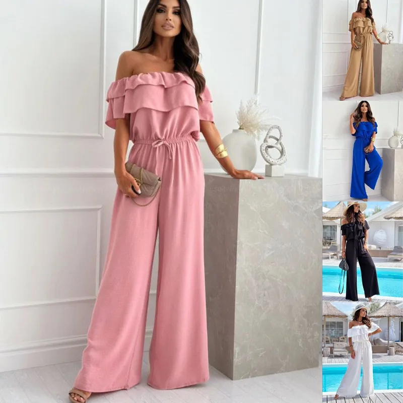 Women Summer Off Shoulder Casual Solid Waist Cinched Jumpsuit EU US Style