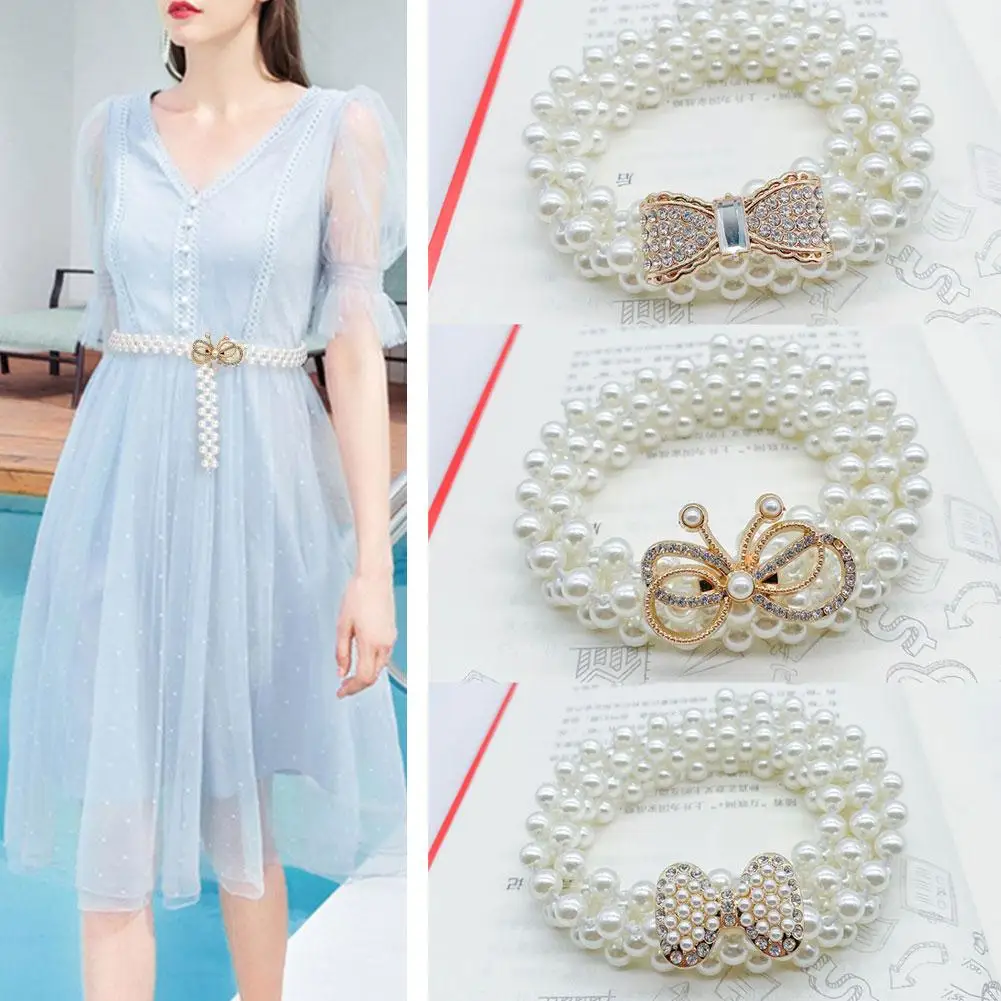 

Pearl Waist Belt Multilayer Pearl Waist Chain Women Elastic Belt With Bow Tie Buckles For Women Girls Dress Clothing Decora D9L6