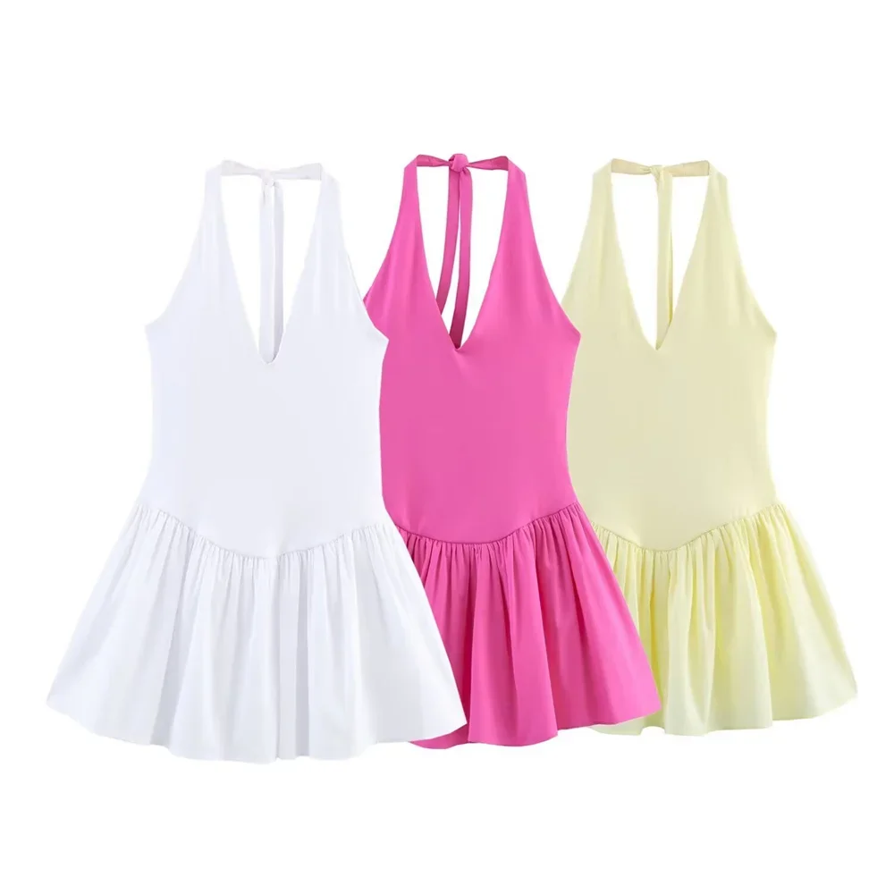 

LIBIELIY Women's Hanging Neck Collar Splicing Dress Solid Color Backless Decoration Spring/Summer New Women's Wear