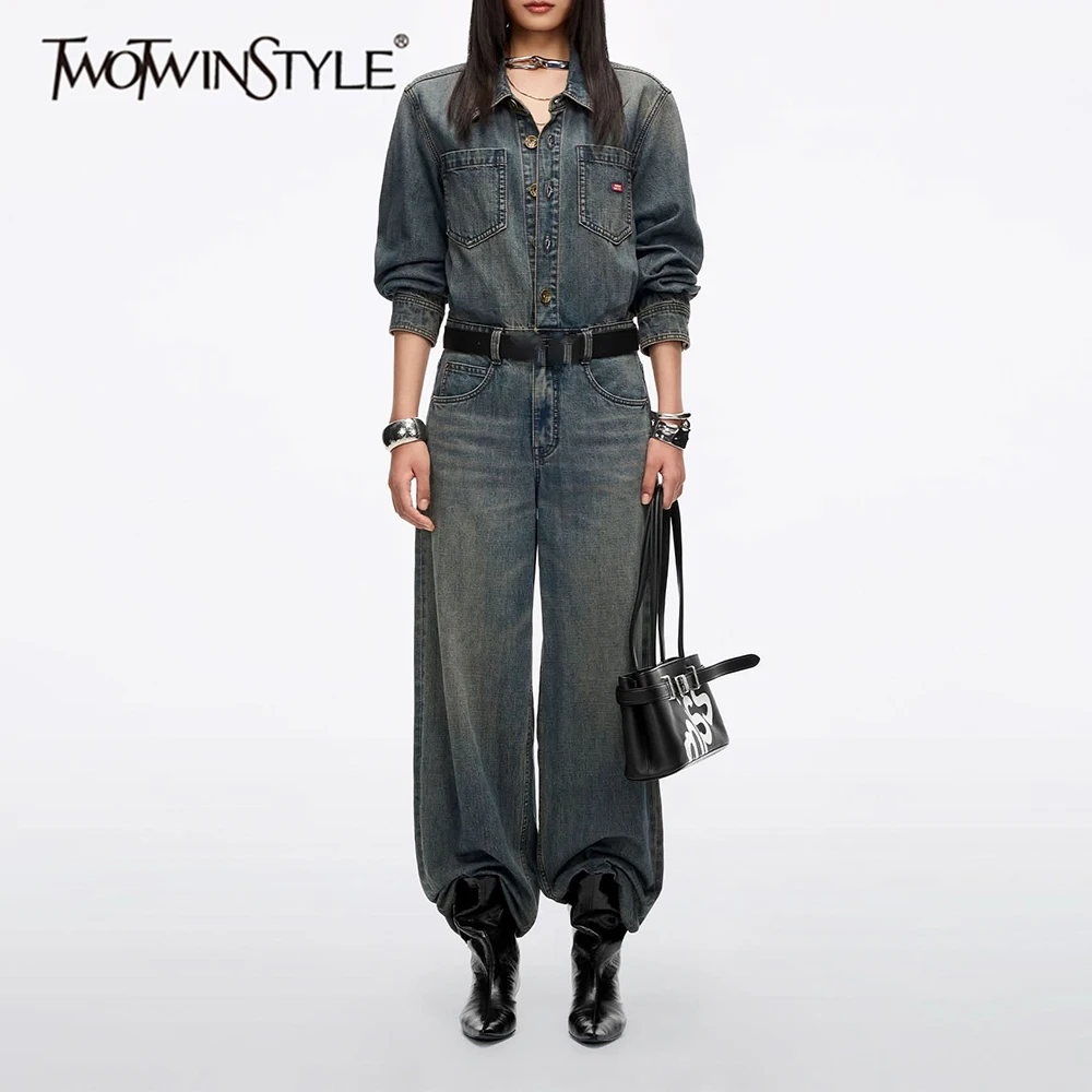 TWOTWINSTYLE Denim Spliced Button Loose Solid Jumpsuit for Women Lapel Long Sleeve Patchwork Pocket Casual Jumpsuits Female New