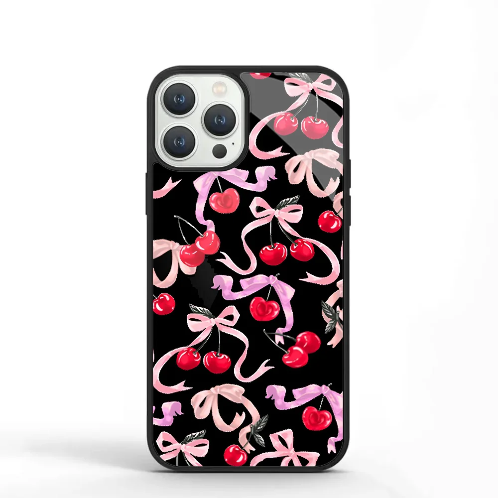 Black Cherry Ribbon Phone Case For IPhone 11 12 13 14 15 Plus Pro Max Mirror Acrylic PC TPU Cover