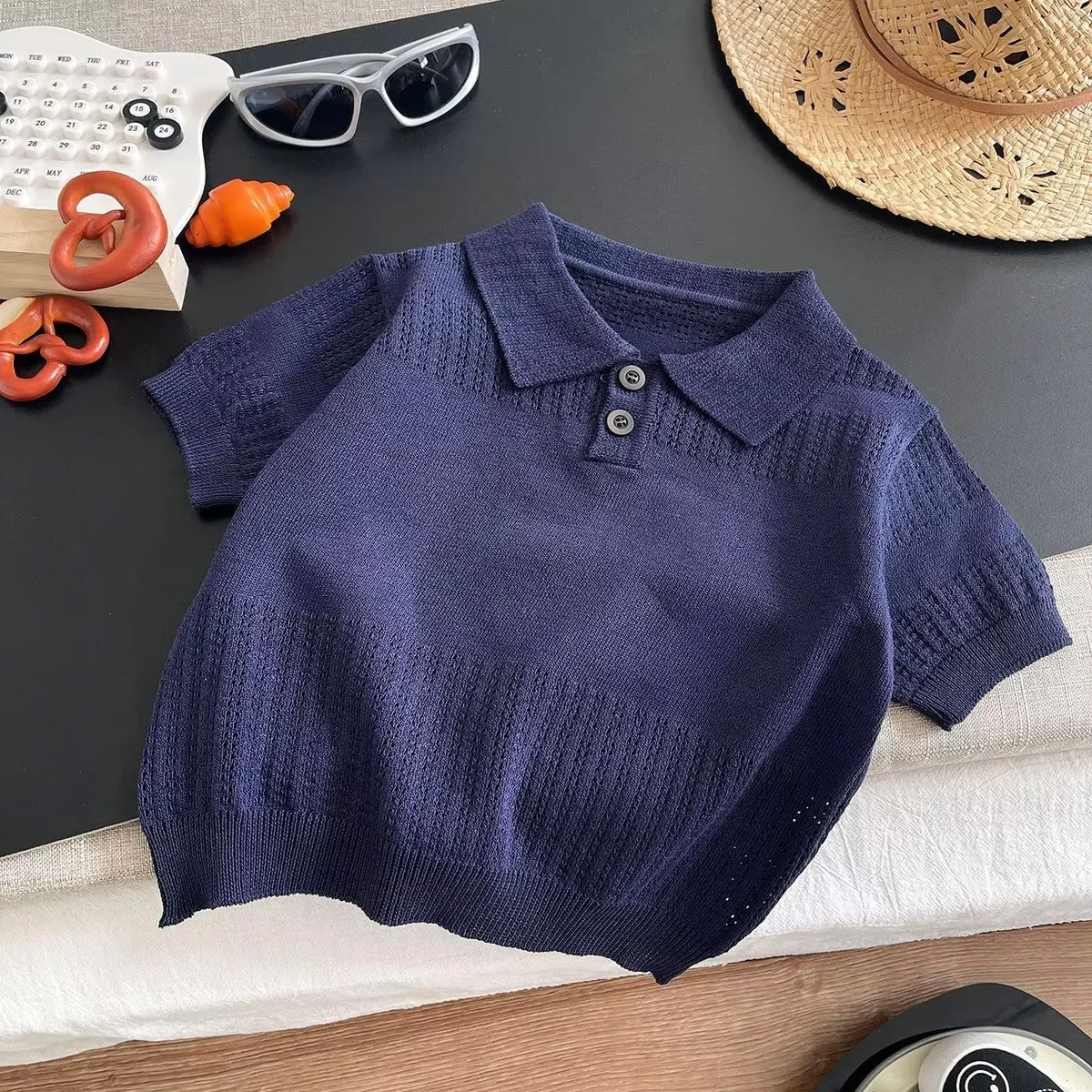 

Boys' Summer Set Fashionable 2026 New Children's Knitted Short Sleeve Collar T-shirt Shorts 2-piece Set 0 2 4 5Y