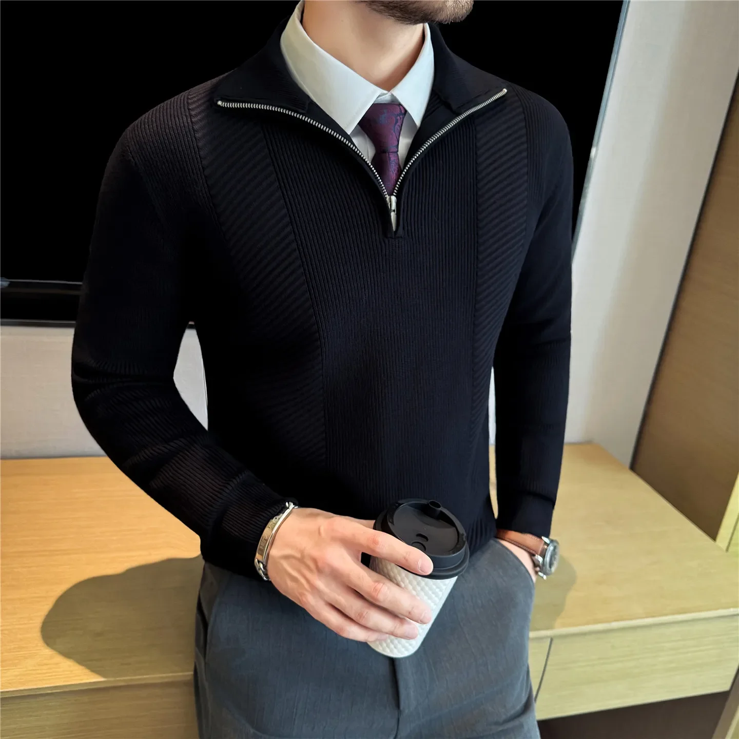 Semi-Zip Knit Sweater - White (Gray/Black)  Winter Weight Fabric Fashionable Semi-High Neck​ Daily Wear