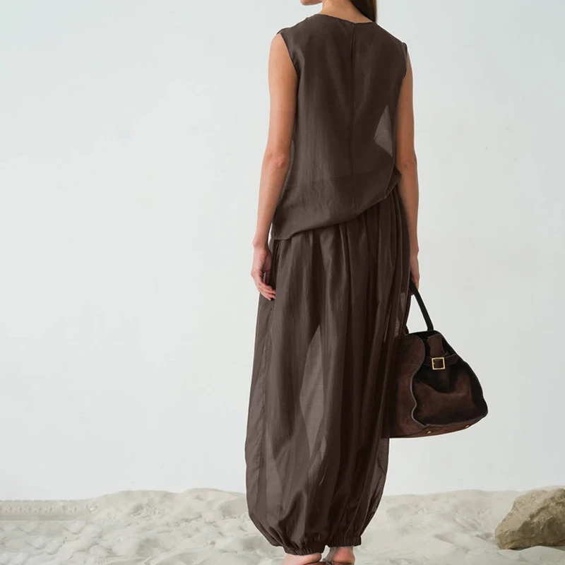 Spring Perspective Legged Pants Suit Women Sleeveless Round Neck Tops+high Waist Leg Binding Pants Autumn Female Two Piece Set