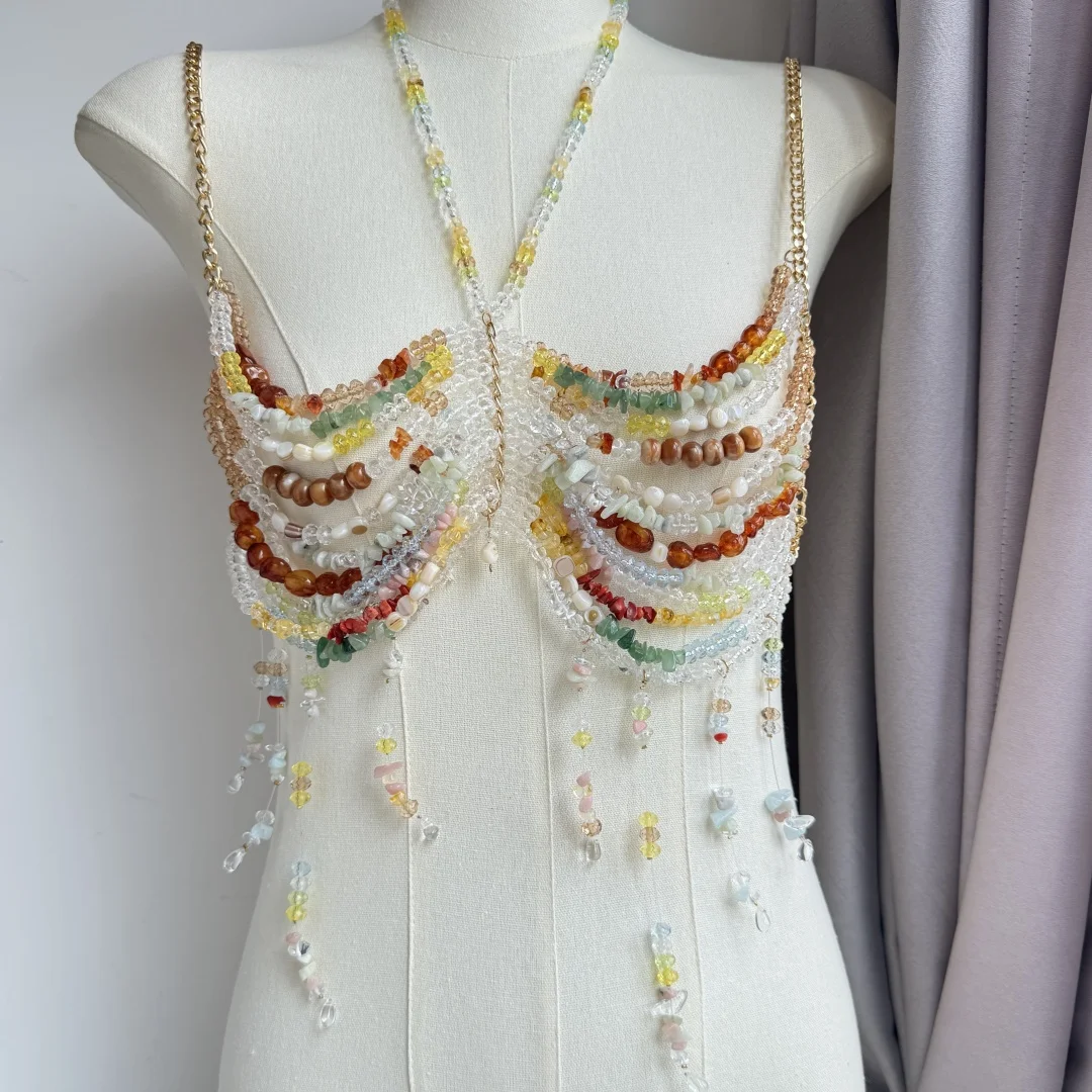 Handmade Crystal Bra Halter Gemstone Layered Lingerie Harness Bralette Beaded Women Party Vest Neck Transparent Bridal Beachwear