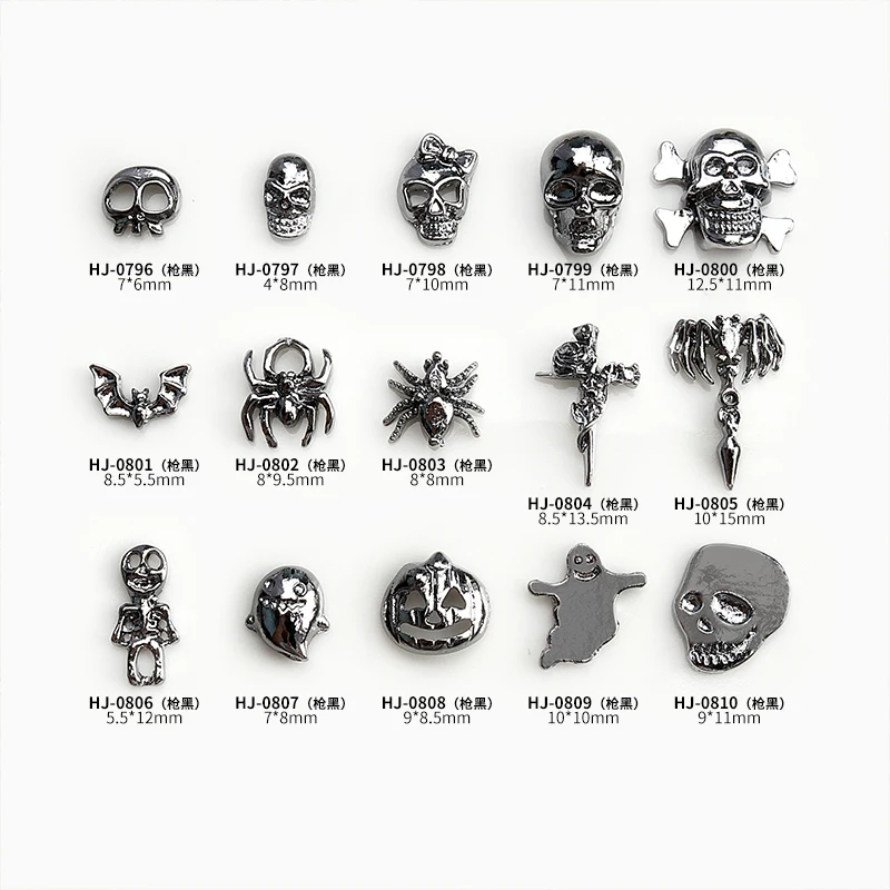 10PCS Vintage Halloween Nail Charms Dark Alloy Cute Spider Ghost Skull Head Design Manicure Jewelry 3D Gun Black Ornaments H161