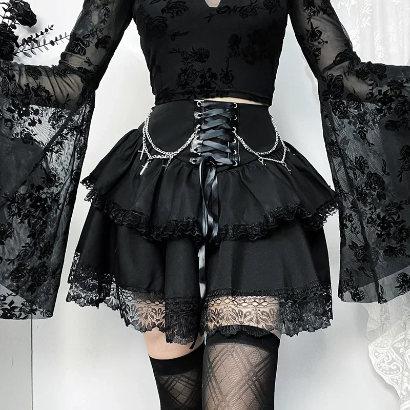 Goth minigonne in pizzo nero per la scelta delle donne Vintage fasciatura Lolita gonna estiva vestiti gotici Streetwear WY23117AH