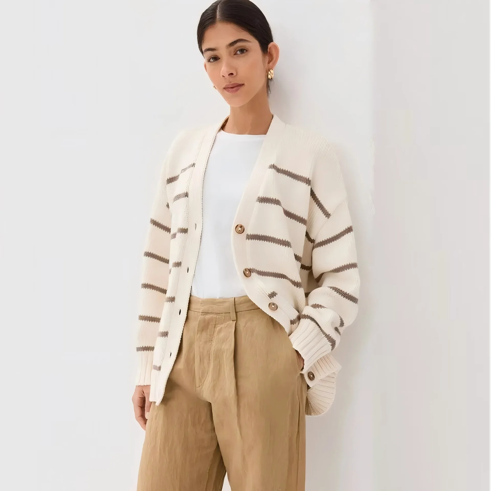 

autumn winter contrasting colors oversized sweater Vintage V-neck black white striped knitted cardigan women's lazy coats women