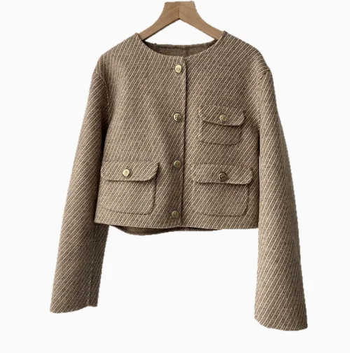 Autumn and Winter Classic Round Neck Long Sleeved Twill Double Sided Woolen Jacket with Multiple Pockets, Short Jacket for Women