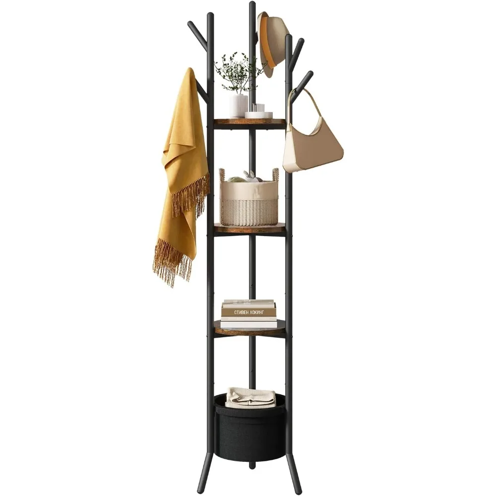 رف معطف قائم بذاته مع 3 أرفف خشبية وتخزين سلة قماشية، شجرة قاعة بإطار معدني
