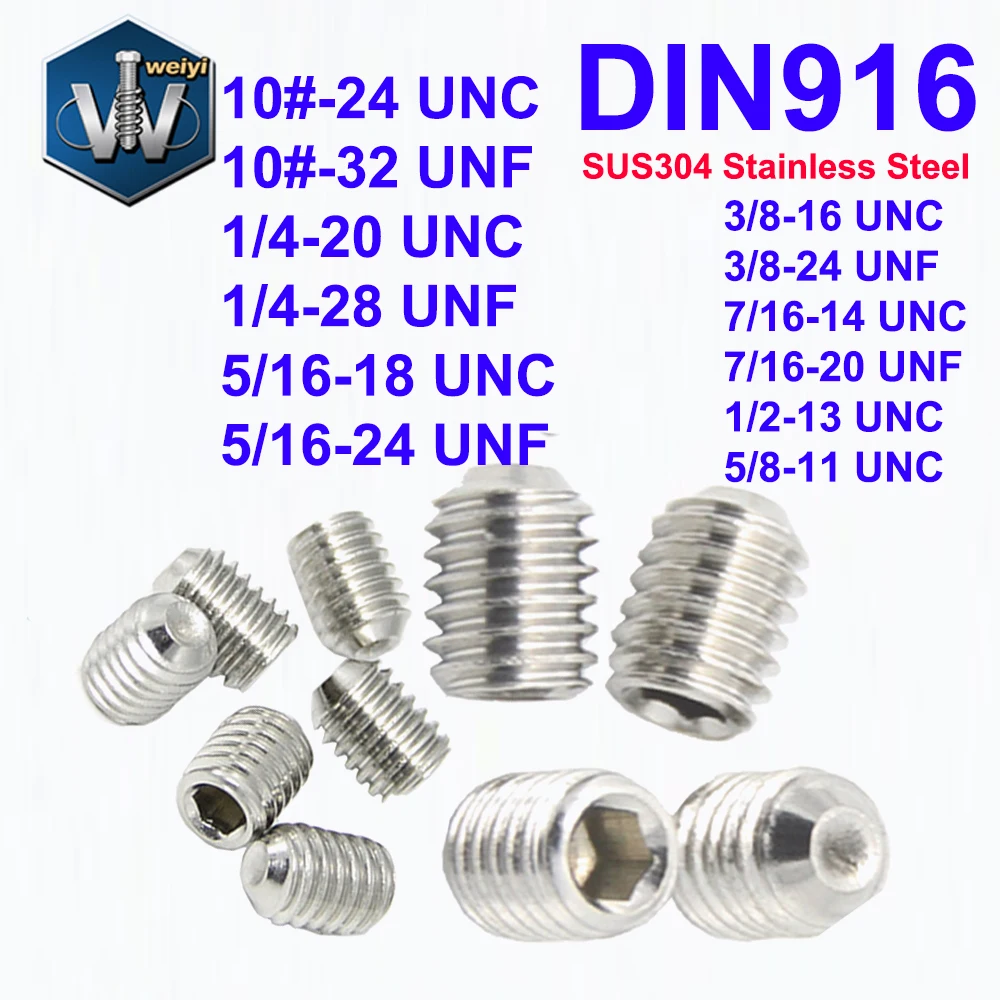 

Weiyi DIN916 Headless Screws 10# 1/4'' 5/16'' 3/8'' to 5/8'' UNC UNF SUS304 A2 Stainless Steel Hex Socket Cup Point Set Screws