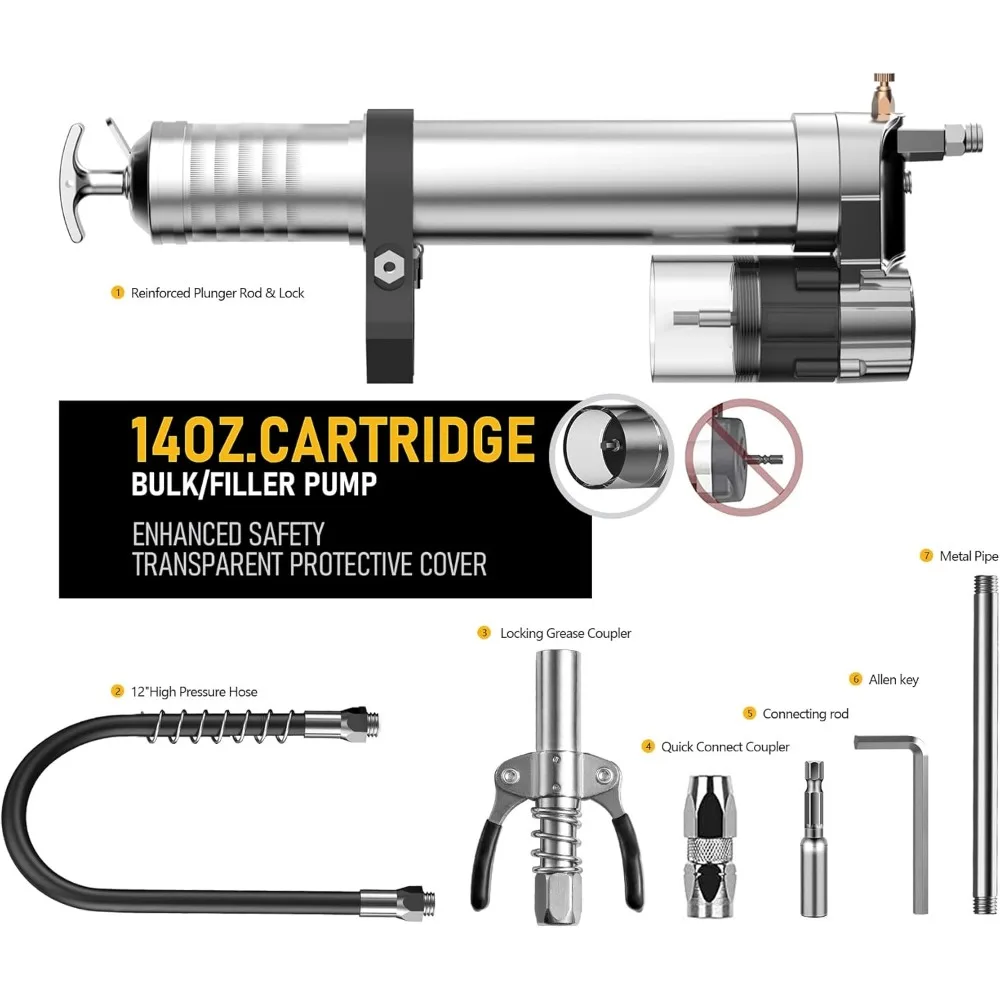 Adaptador de taladro de pistola engrasadora eléctrica con carga de 14 OZ, acoplador de pistola engrasadora de bloqueo, manguera de alta presión de 12 pulgadas, extensión rígida