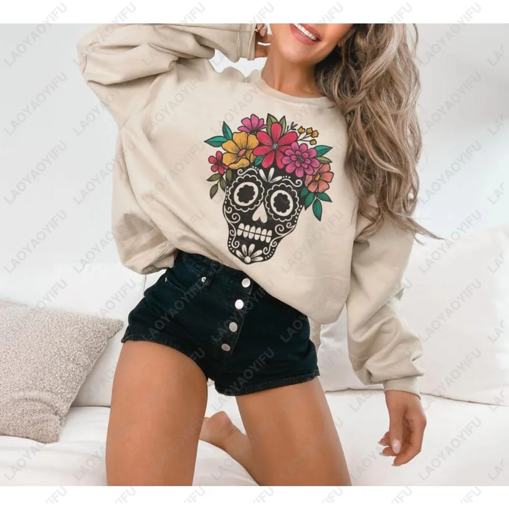 

Толстовки с сахарным черепом «День мертвых», женский пуловер в цветочном стиле на Хэллоуин, уличная толстовка с принтом, толстовка с капюшоном, топы унисекс