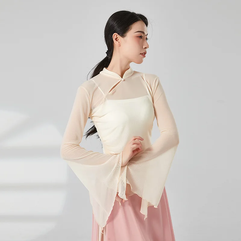 

Женская одежда для классических танцев в китайском стиле: топ-чонсам с сетчатым воротником, расклешенными рукавами и разрезом, элегантный и красивый наряд для выступлений