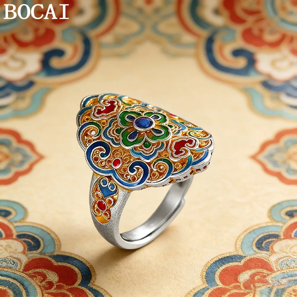 

Кольцо BOCAI S999 из серебра с винтажным золотым узором, синей эмалью и цветами, обручальное, женское, изысканный подарок