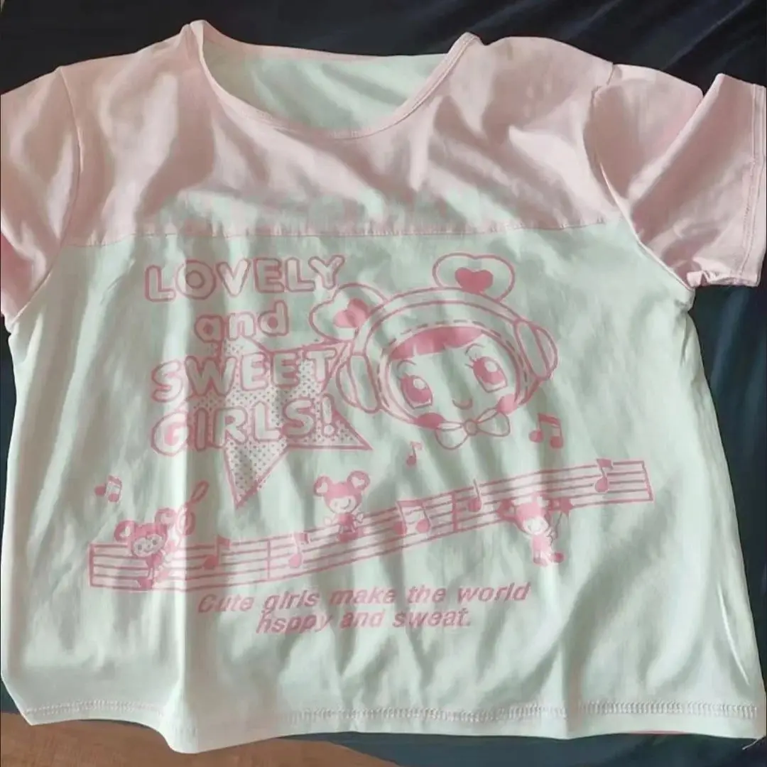 

Kimotimo 2025 Summer Pink Letter Printed Short Sleeve T-shirt Women Japanese Sweet Round Neck Slim Short Top Y2k Aesthetic Tees