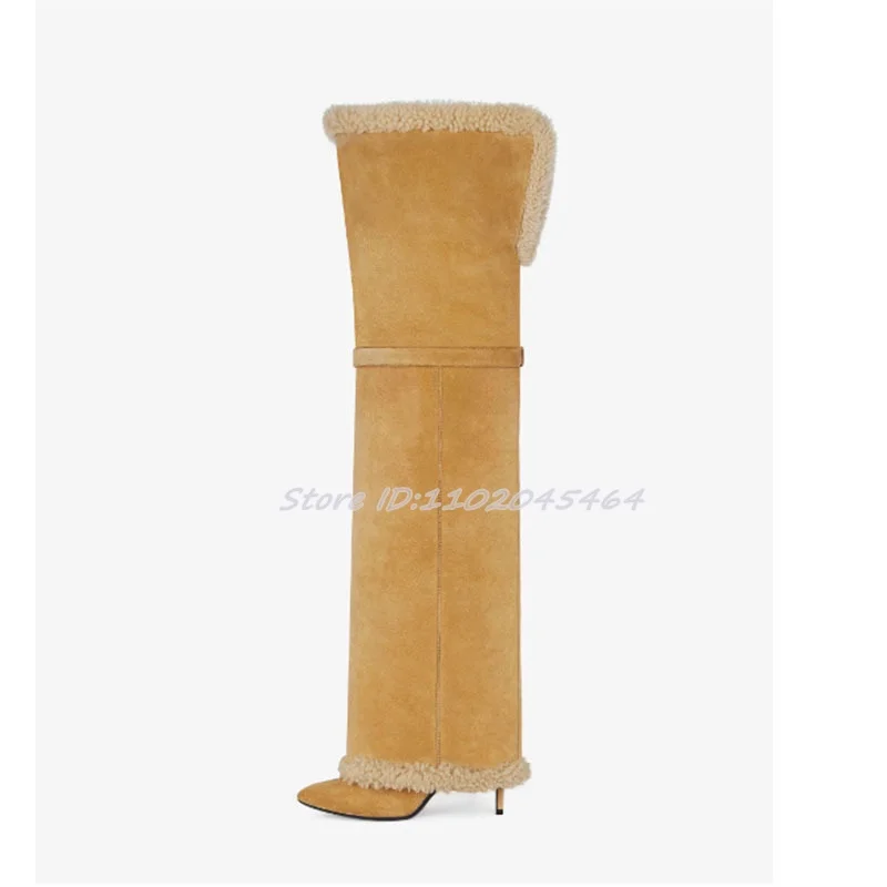 Padlock Suede Apricot Over Knee High Boots 2024 Winter New in Fur Sexy Pointed Toe High Heels Thigh Boot Luxury Designer Shoes