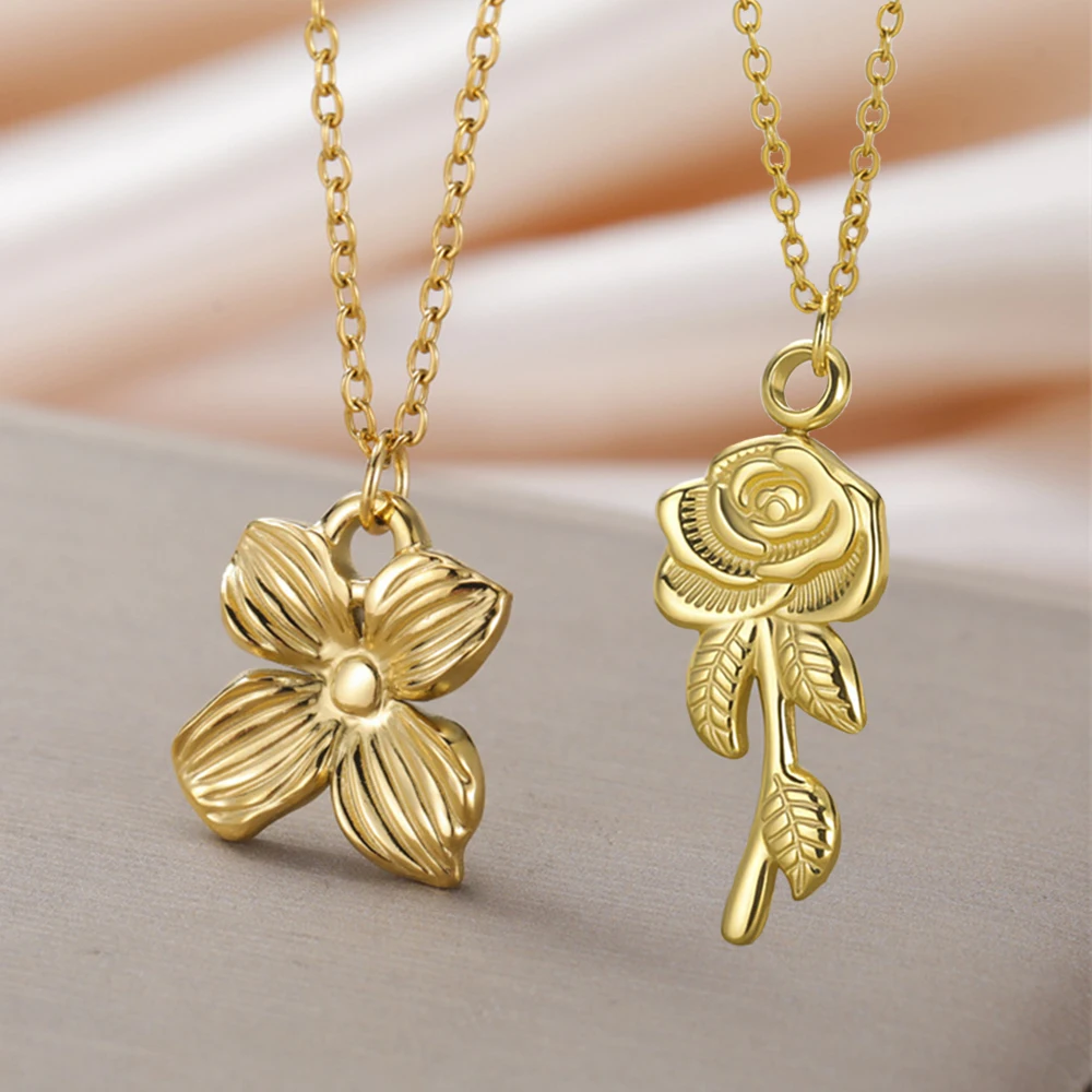 My Shape Rose Flower Necklace for Women Four Petals Charms Pendants Chain Stainless Steel Jewelry Elegant Floral Necklaces Gifts