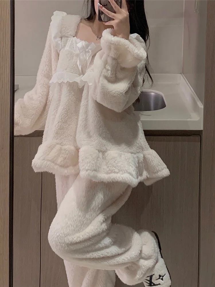 Elegant Lace Sleepwear Women's Coral Fleece Thickened Autumn Winter Home Clothes Set Sweet Cute Style Long Sleeve Mid-Length ...