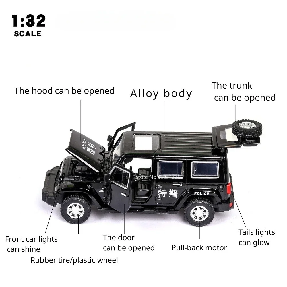 1:32 Scale Wrangler Rubicon Police Car Toy Model 4 Doors Opened Sound Light Alloy Body Off Road Vehicles Collection Kids Gifts