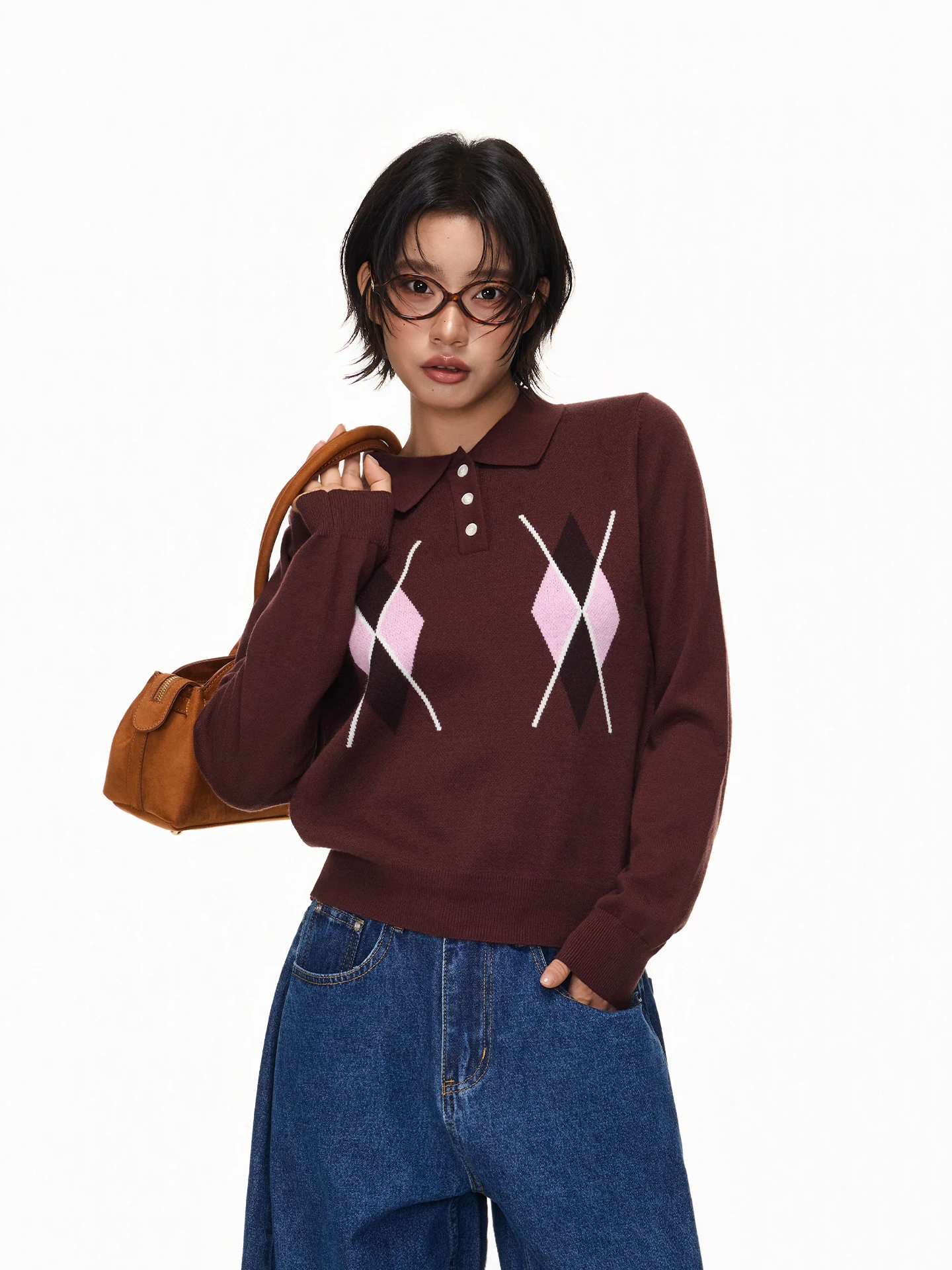 

Свободный вязаный свитер в американском стиле с ромбовидным узором, топ в университетском стиле для женщин от SUNDAYPLAN