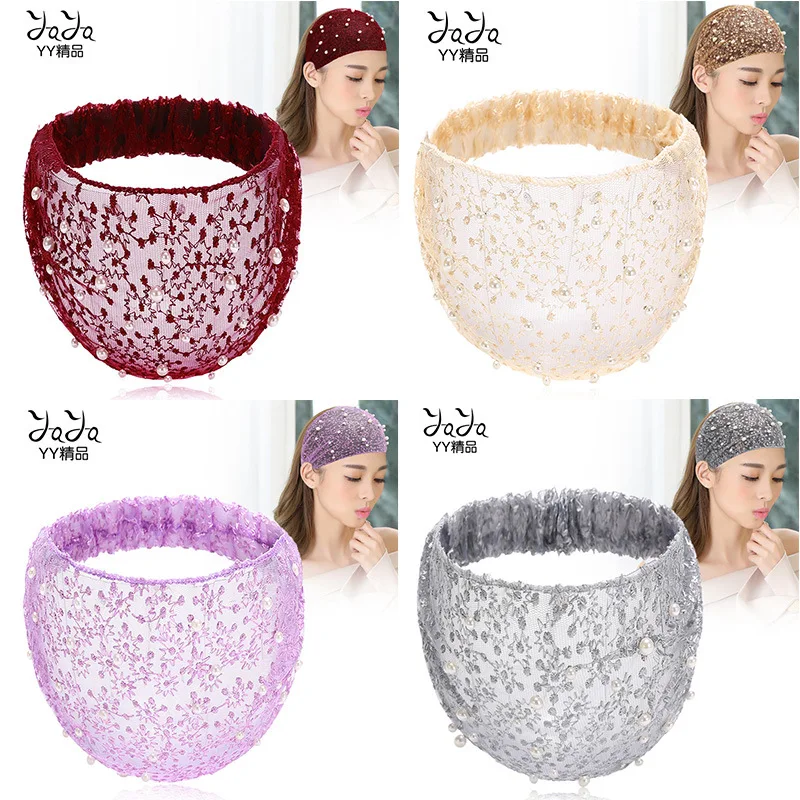 Summer Women Headband Elegant Pearl Lace Flowers Headwear Headwrap Stretch Turban Hairband Spa Bandana Girls Hair Accessories