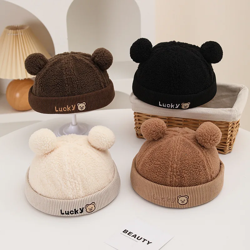 Cute Plush Ball Kids Melon Cap Thick Lamb Woolen Children Landlord Hat 2-10Year Boy Girl Baby Brimless Hat Winter Warm Skullcaps