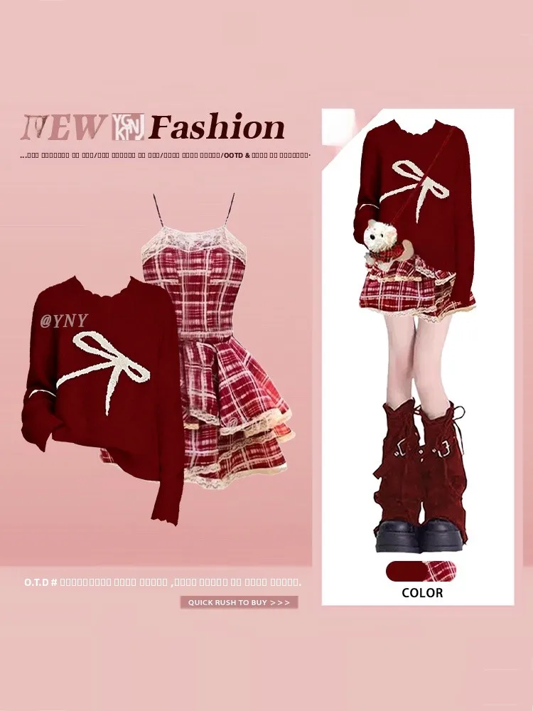 

Sweet Princ Sle Knitted Sweater And Puffy Skirt Set Women's Faion Winter Ensemble Knot Long Sve round Ne