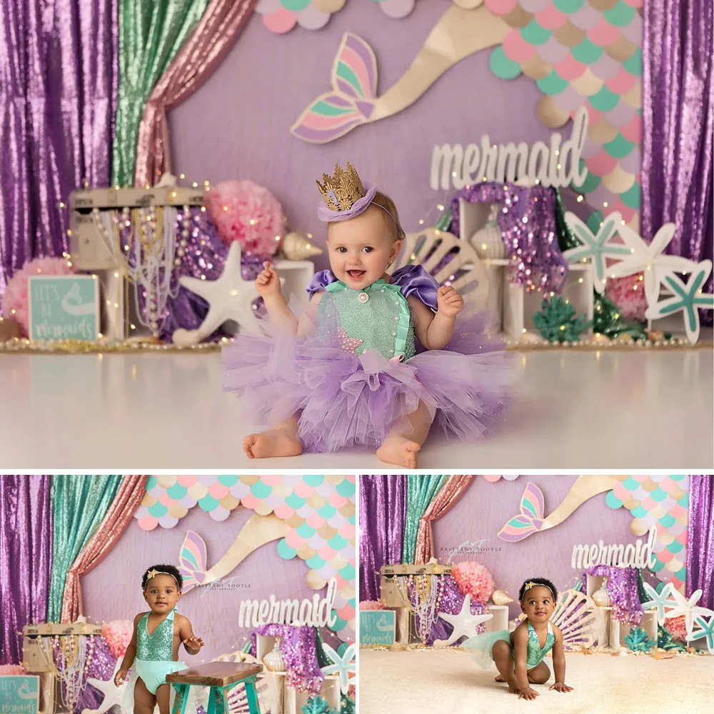 Under The Sea Fantasy World Purple Mermaid Photography Backdrop Girl Princess Birthday Cake Smash Background Photo Studio Props