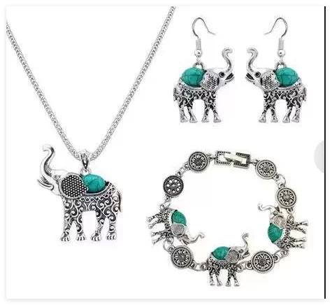 

Vintage engraved blue stone elephant crystal pendant necklace earring bracelet collar set jewelry wholesale