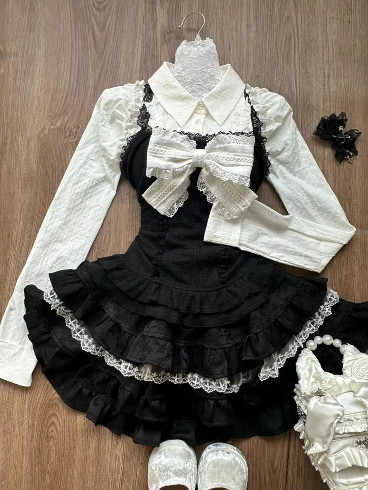 

Autumn Winter Fashion Bow 3-piece Set Women Retro Sweet Long Sleeve Shirt Thin Sling + Chic High Waist Lace Short Skirt Suit New