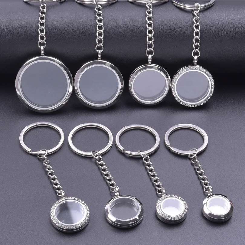 5Pcs/Lot 10-40mm Stainless Steel Men Glass Picture Reliquary Locket Pendant Keychain DIY Women Memory Medaillon Keyring Jewelry