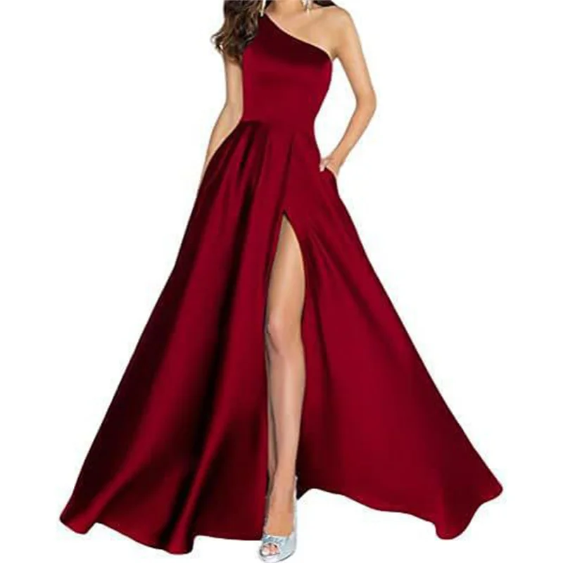 A Line Satin Bridesmaid Dresses One Shouder Slit Pockets Drapped Elegant Wedding Party Formal Prom Evening Lace Up Back