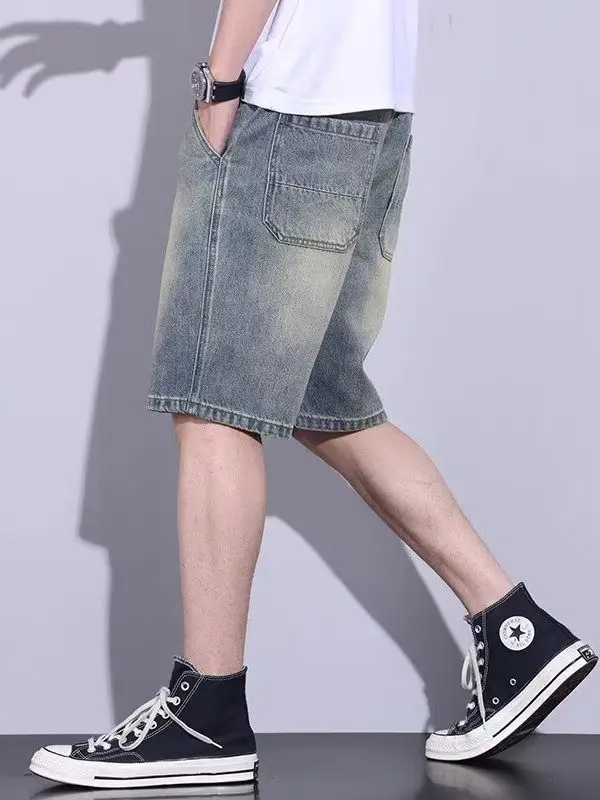 

Мужские летние тонкие свободные повседневные джинсовые брюки средней длины пять четвертей, корейские прямые джинсы, молодежные износостойкие