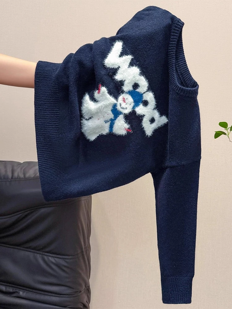 

Loose Fit Long Sve Knitted Sweater Women's Crew Ne Pullover Tibetan Blue Cartoon Snowman Design Comfortable Korean Sle...