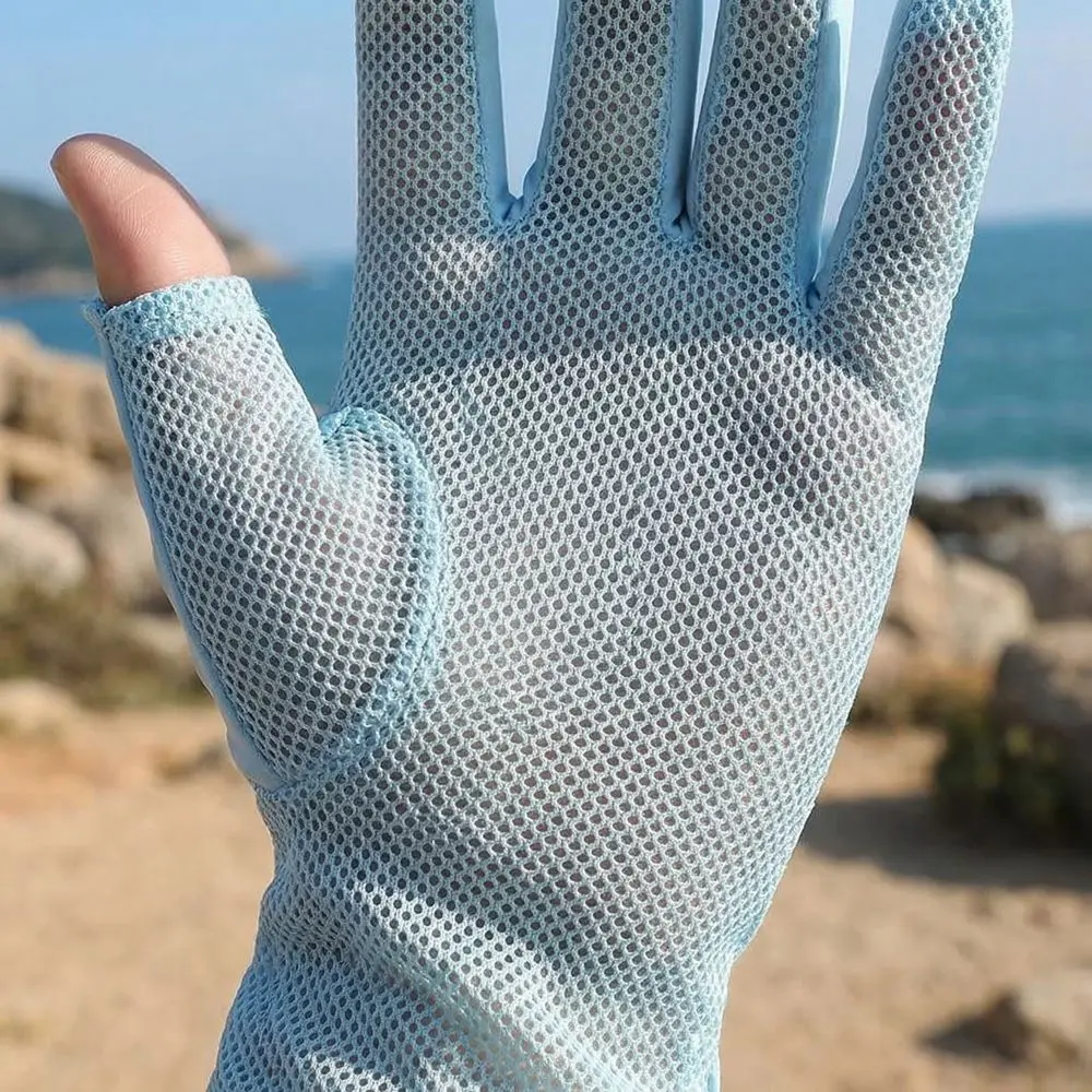 Elastic Flip Touchscreen Ice Silk Gloves Non Slip Polyester UV Protection Gloves Solid Color Mesh Thin Breathable Gloves Walking