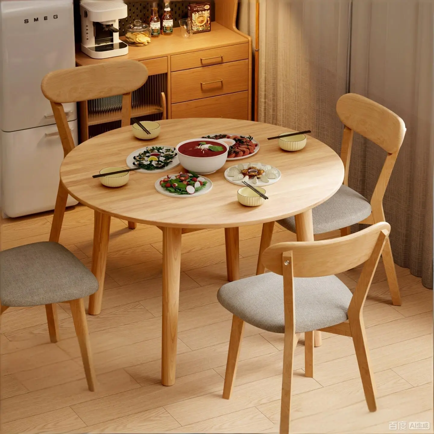 

Solid wood round dining table, suitable for small homes, dining tables, meeting tables, coffee tables, and tea tables.