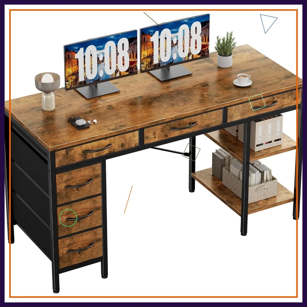 

55" Rustic Brown Computer Desk with 6 Drawers and Storage Shelves for Home Office, Gaming, Study, Bedroom