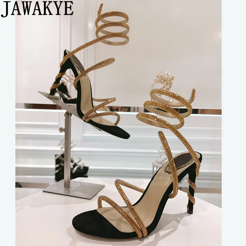 Summer Hot Sale Bride Crystal Party Sandals Women Snake Super Thin High Heels Gladiator Sandals 34-43 Plus Size Ethnic Sandals