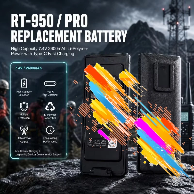 7.4V 2600mAh Type-C Li-Polymer Replacement Battery for Radtel RT-950 RT-950 PRO Walkie Talkie Two Way Ham Radio