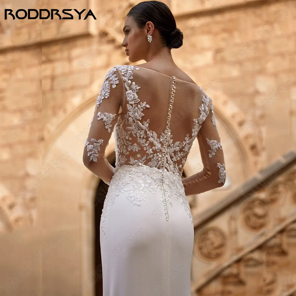 Roddrsya lange Ärmel Satin Brautkleider Meerjungfrau quadratischen Kragen Knopf Applikation Brautkleider elegante Vestidos Novias NodaRODDRSYA Lange Ärmel Satin Brautkleider Meerjungfrau Square Kragen Knopf Applique Br