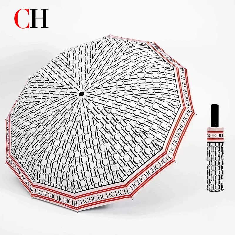 Parapluie pliant portable CH Monogram à impression intégrale, protection solaire quotidienne, protection UV, double usage pour le soleil et la pluie